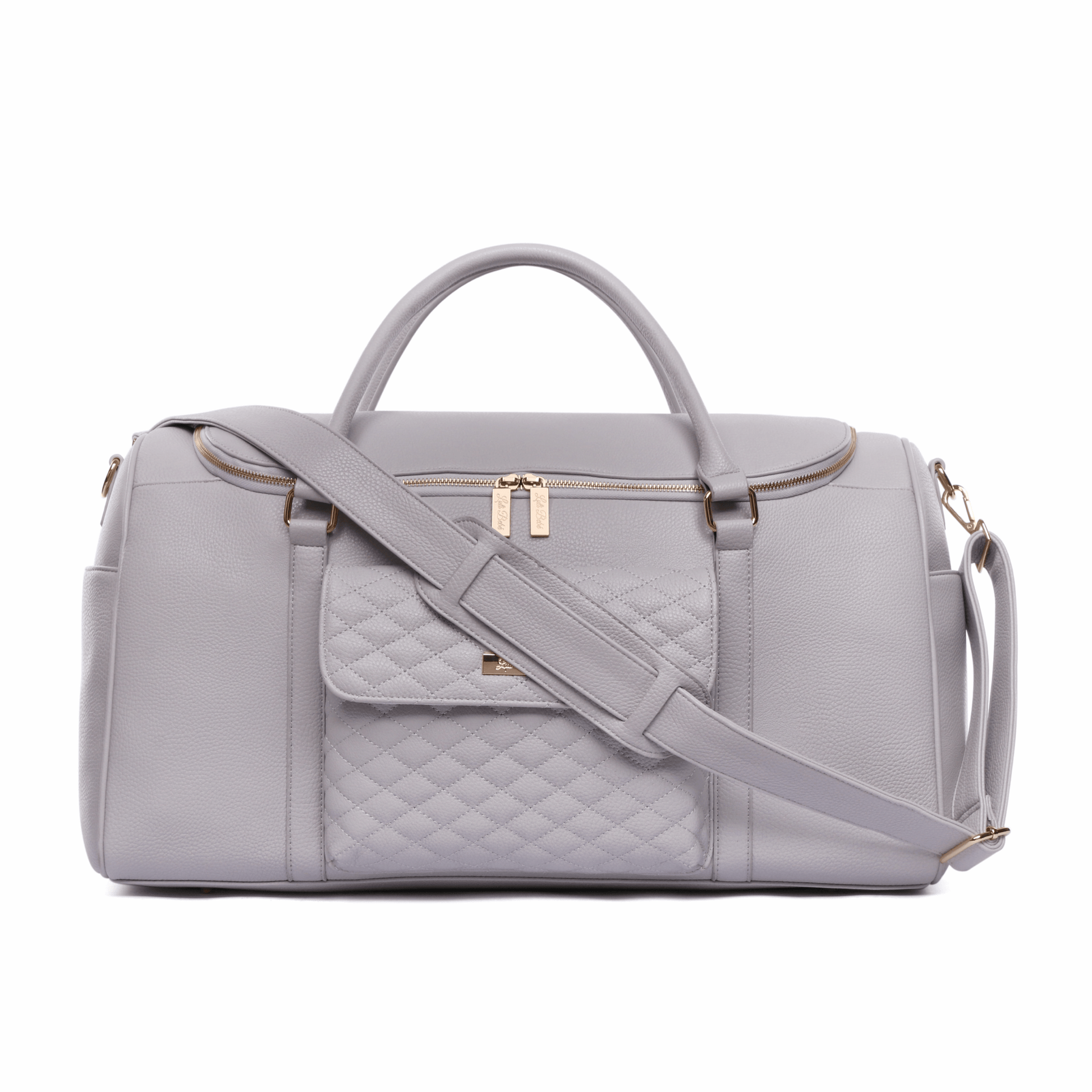 Gray duffel bag with quilted pattern and gold accents on a white background