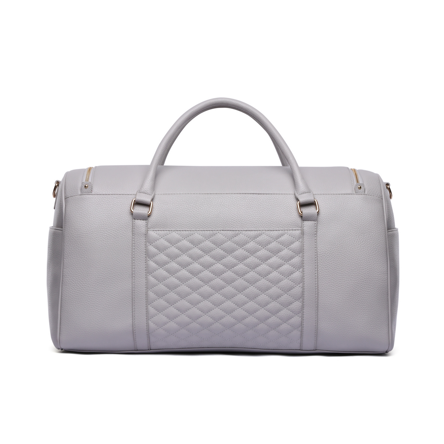 Gray quilted duffel bag on a white background
