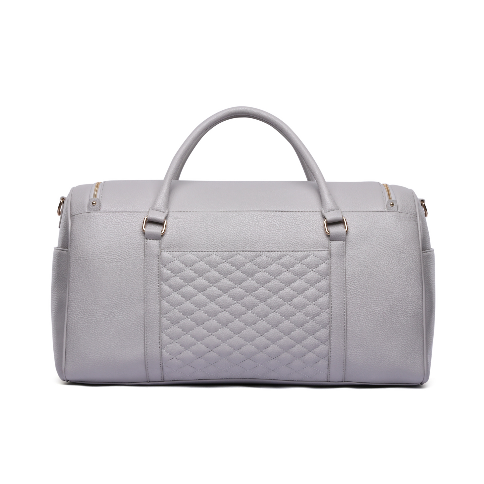 Gray quilted duffel bag on a white background