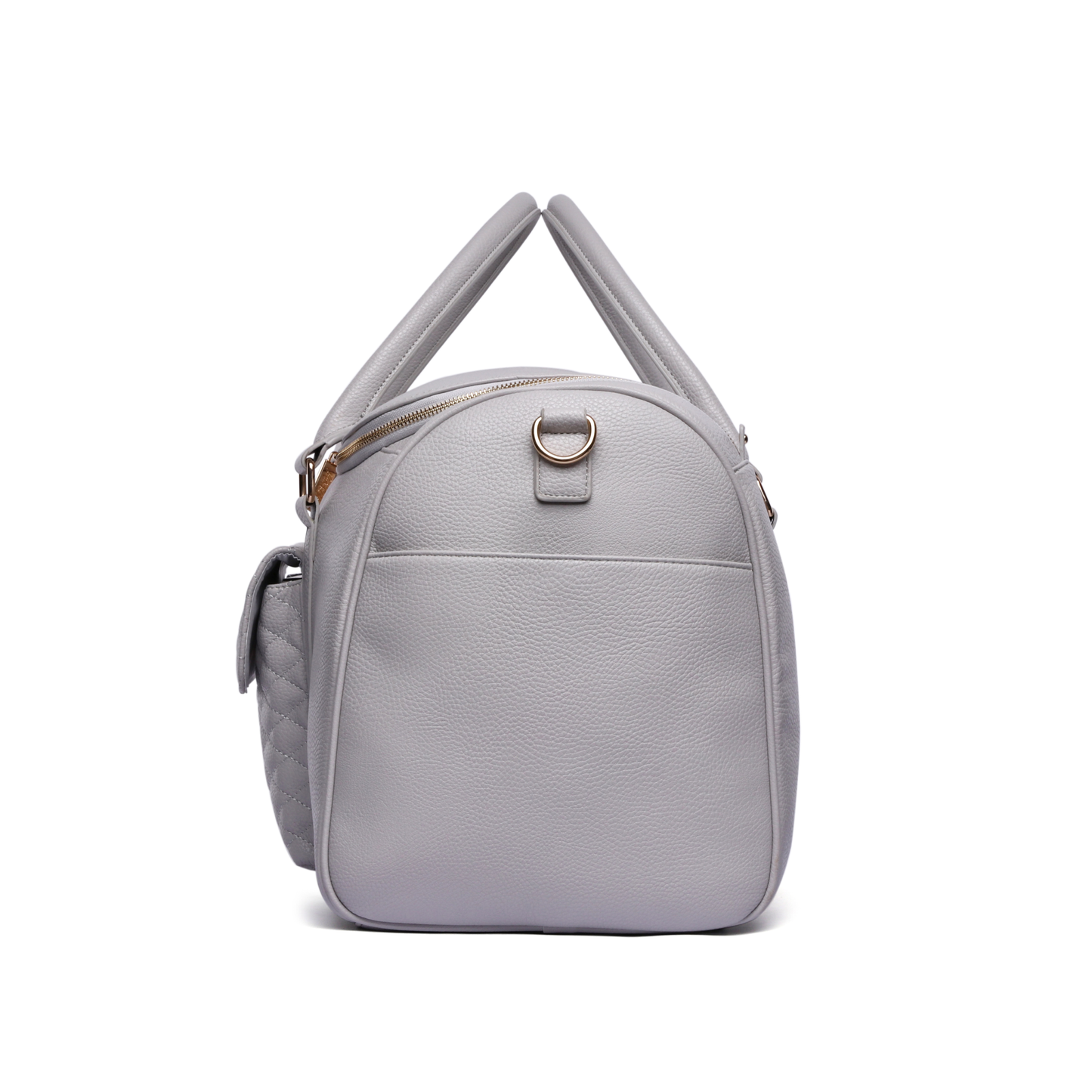Light gray handbag with gold zipper on a white background