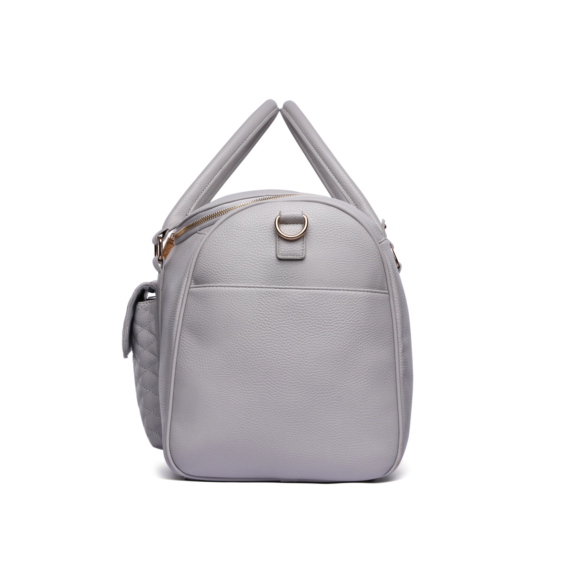 Light gray handbag with gold zipper on a white background