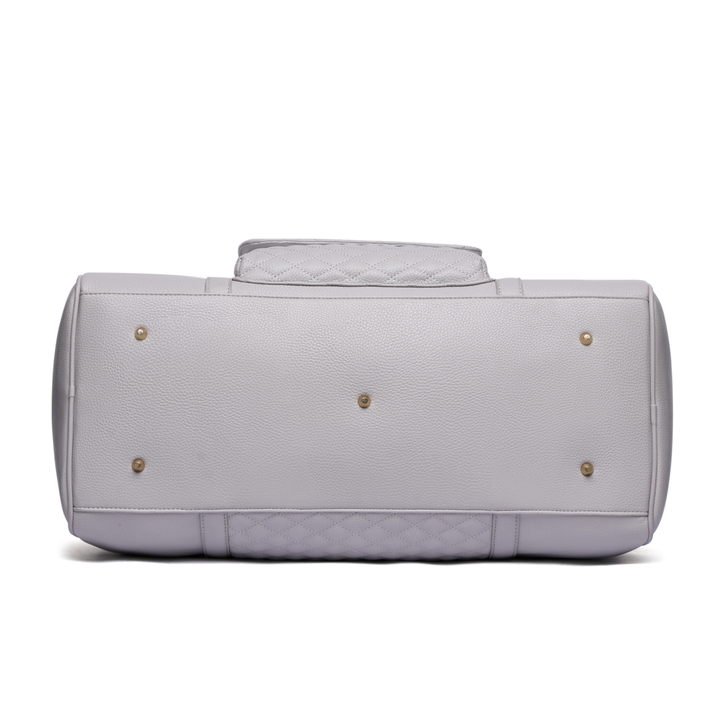 Light gray quilted handbag with gold accents on a white background