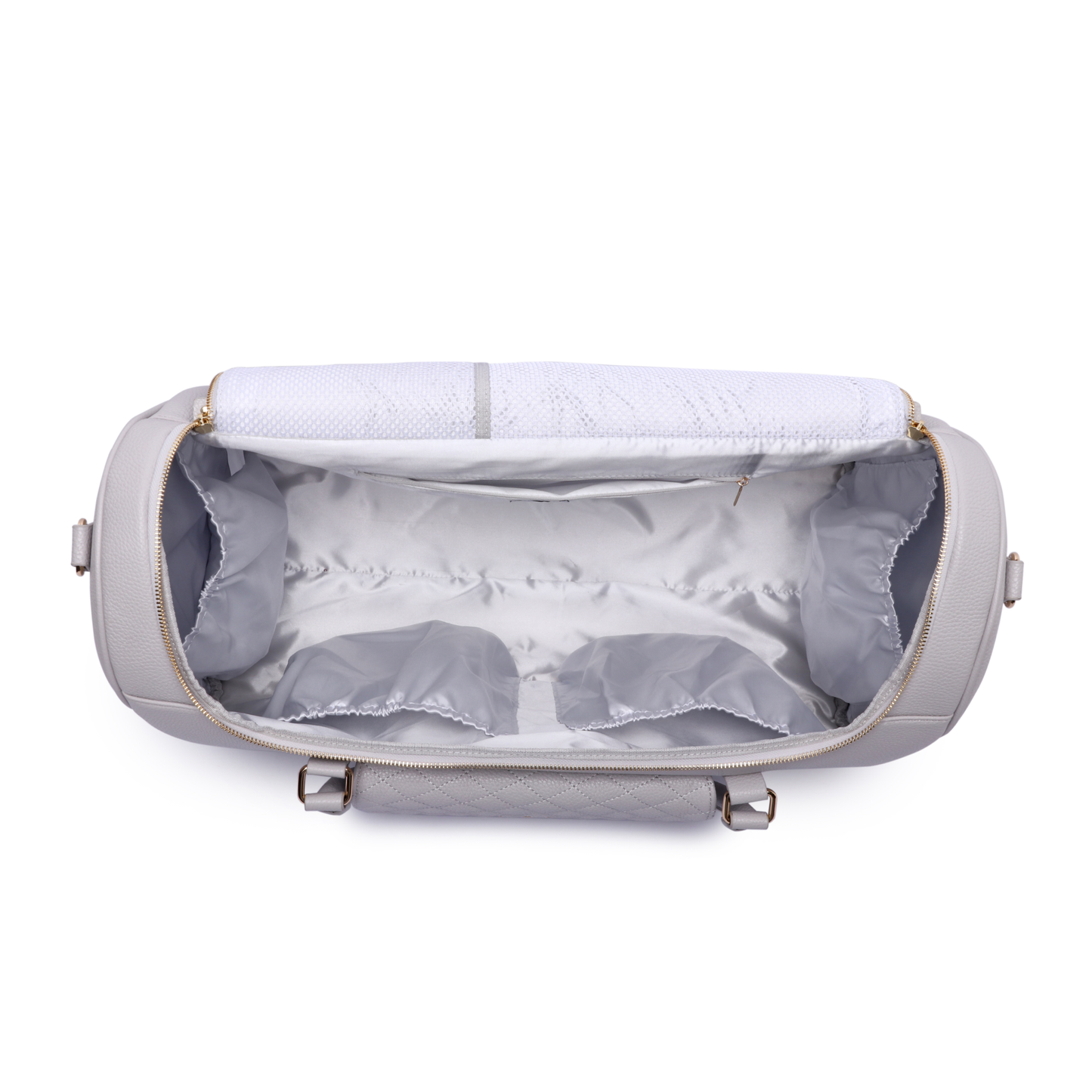 Gray travel bag with a white interior on a white background