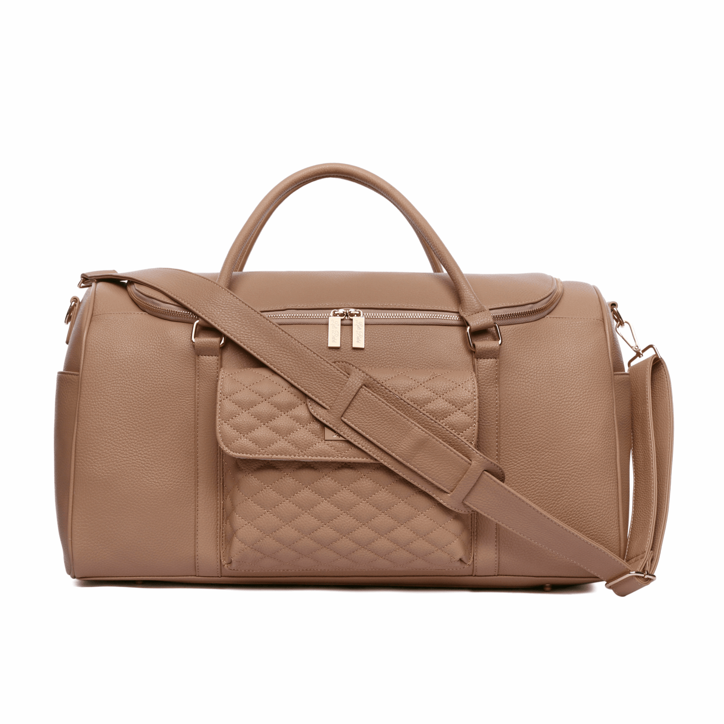 Brown duffel bag with a quilted pocket on a white background