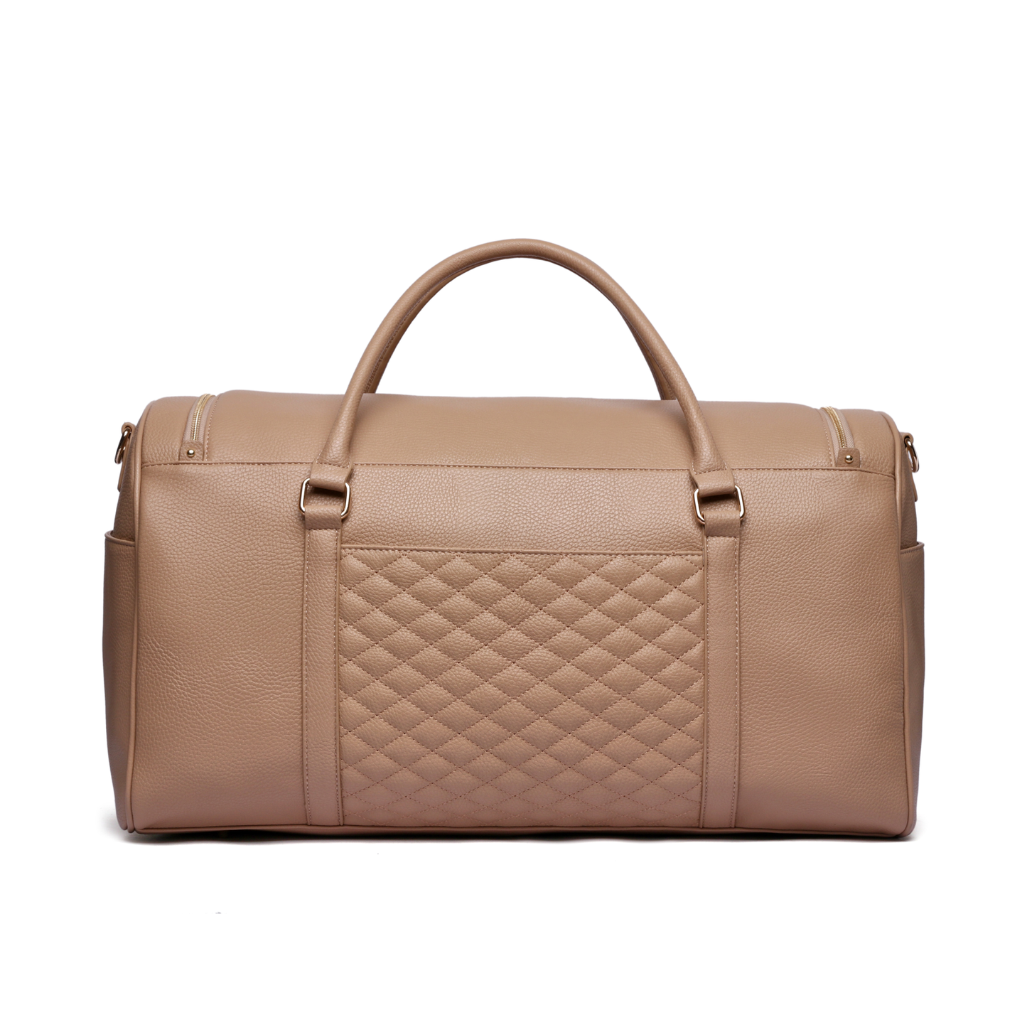 Beige duffel bag with quilted pattern on a white background