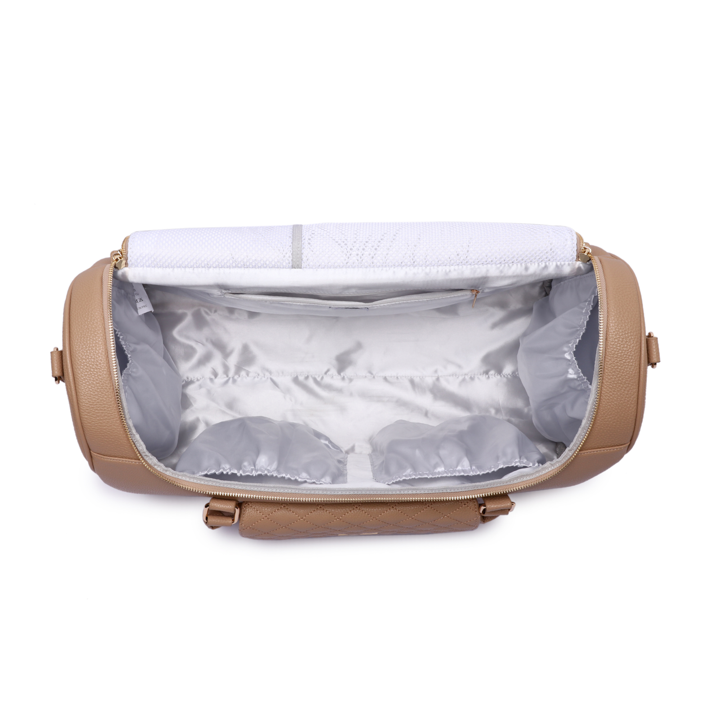 Open beige toiletry bag with white interior on a white background