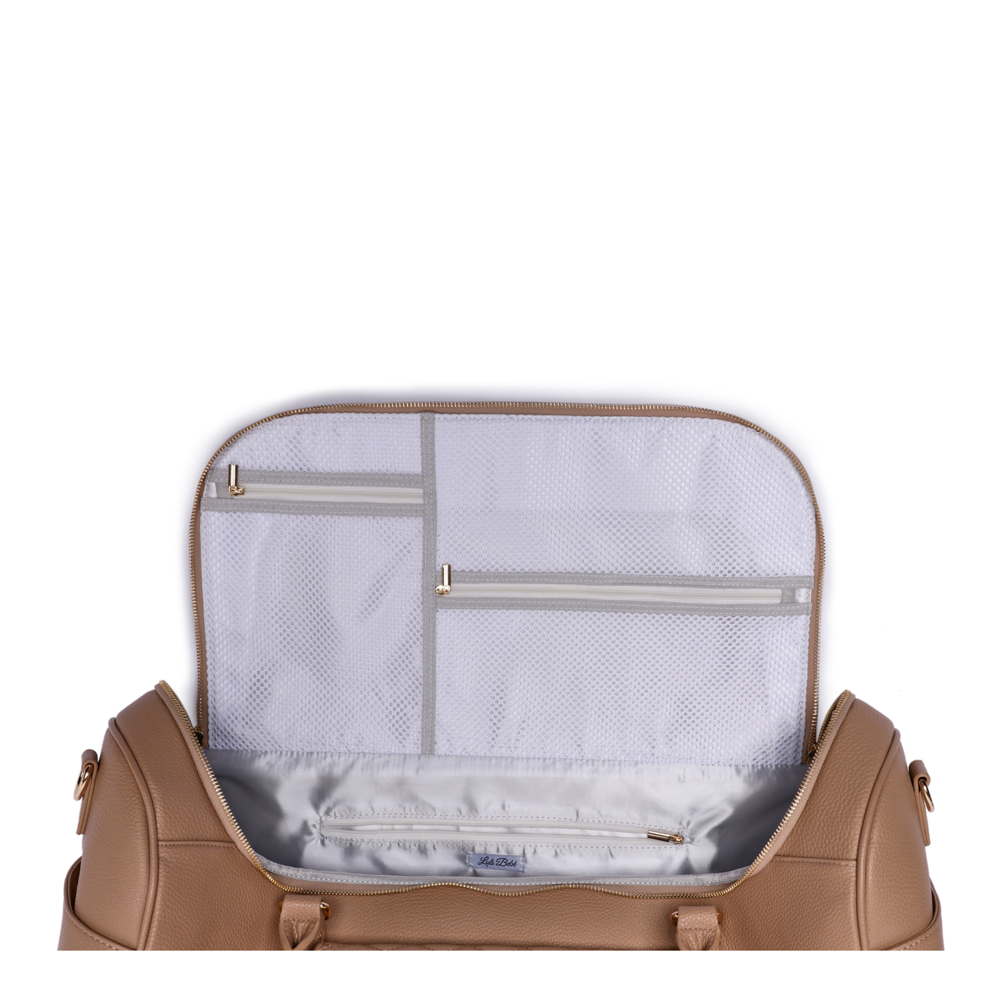 Brown duffel bag with open compartment showing white interior on a white background