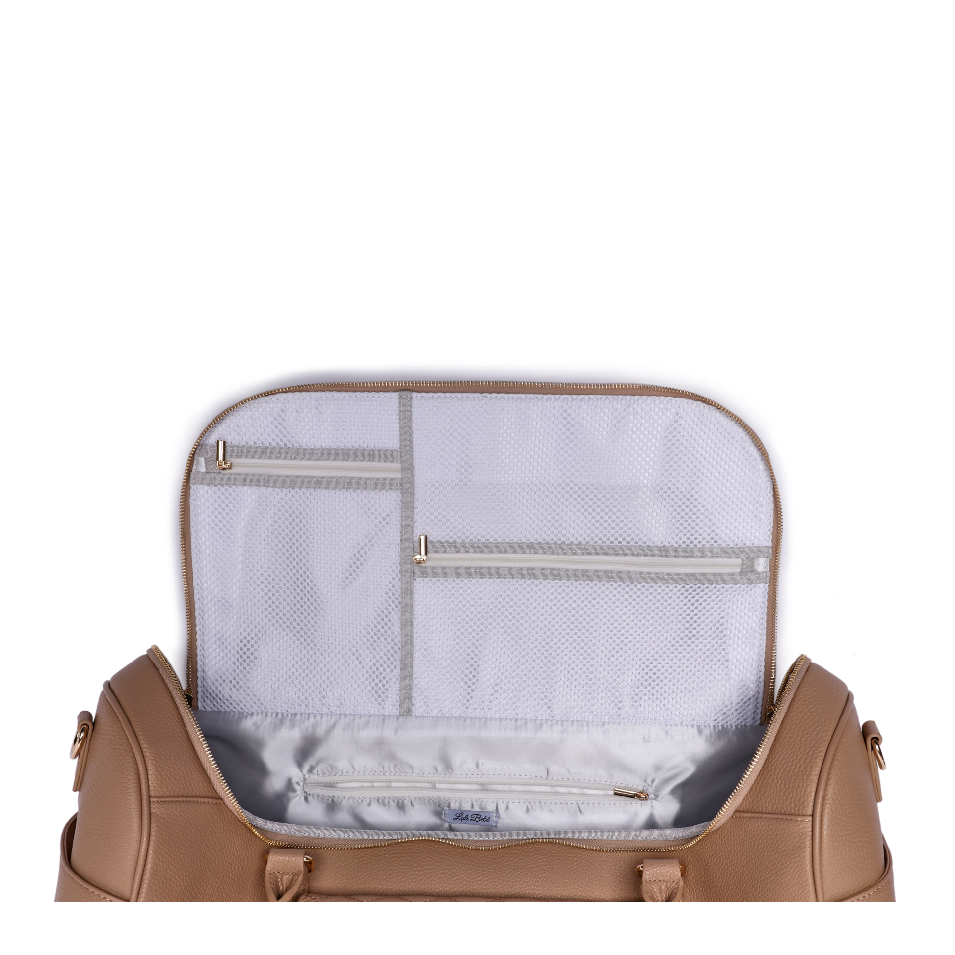 Brown duffel bag with open compartment showing white interior on a white background