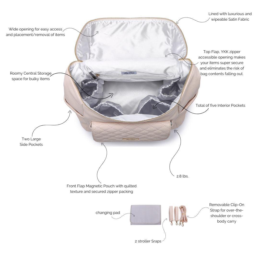Beige diaper bag with features highlighted on a white background