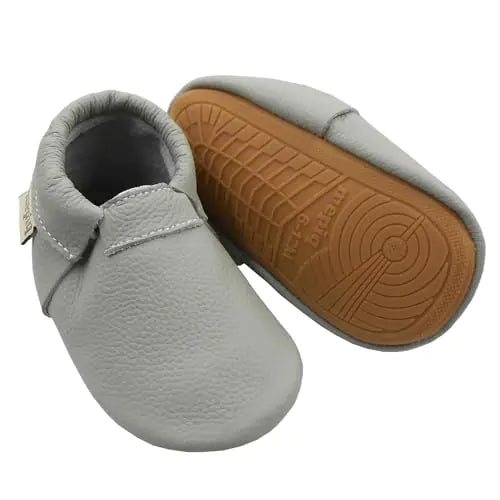 Infant Baby Moccasins with Rubber Sole - Soft Leather Anti Slip Crib Walking Baby Shoes Light Grey - All The Things Baby