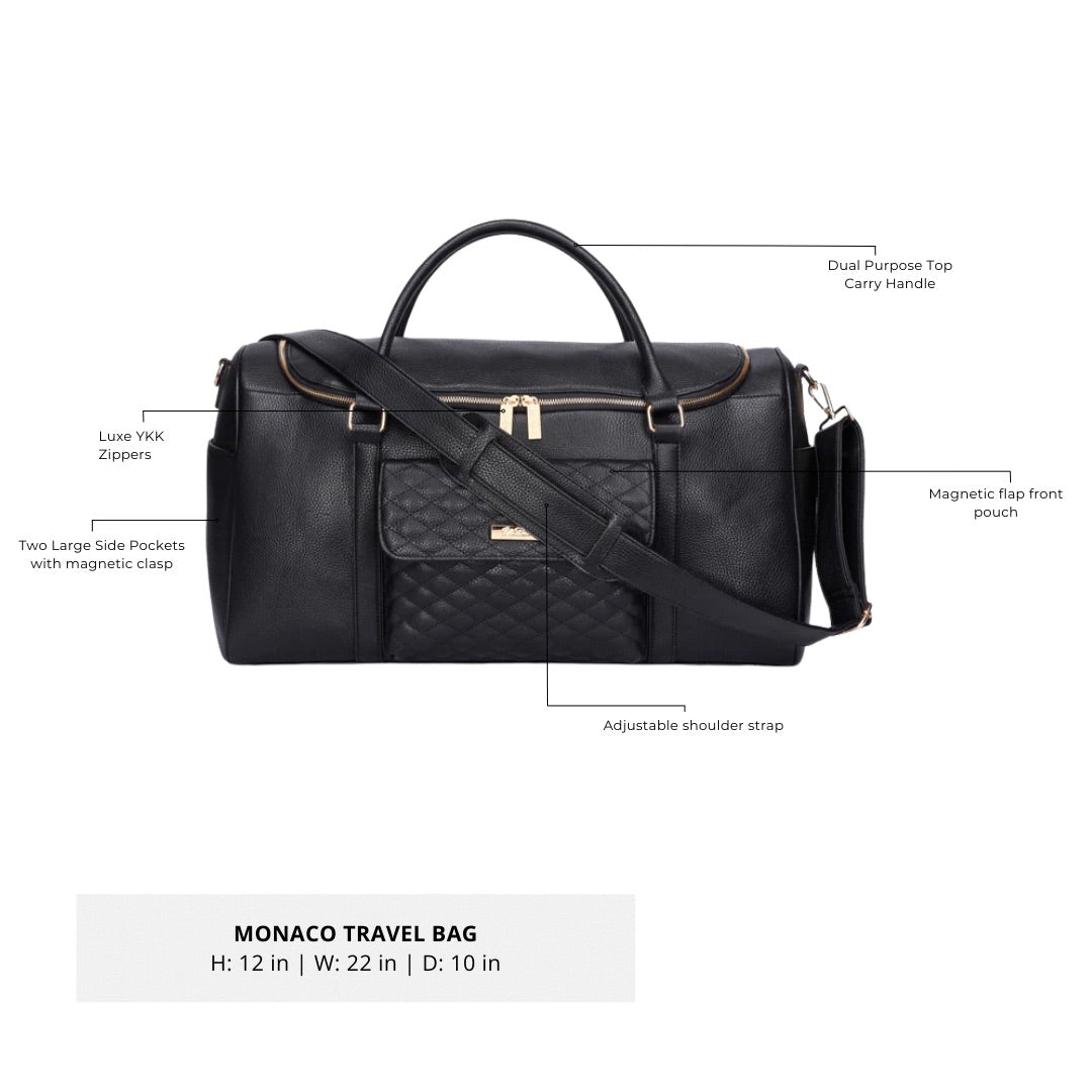 Black travel bag with features labeled on a white background