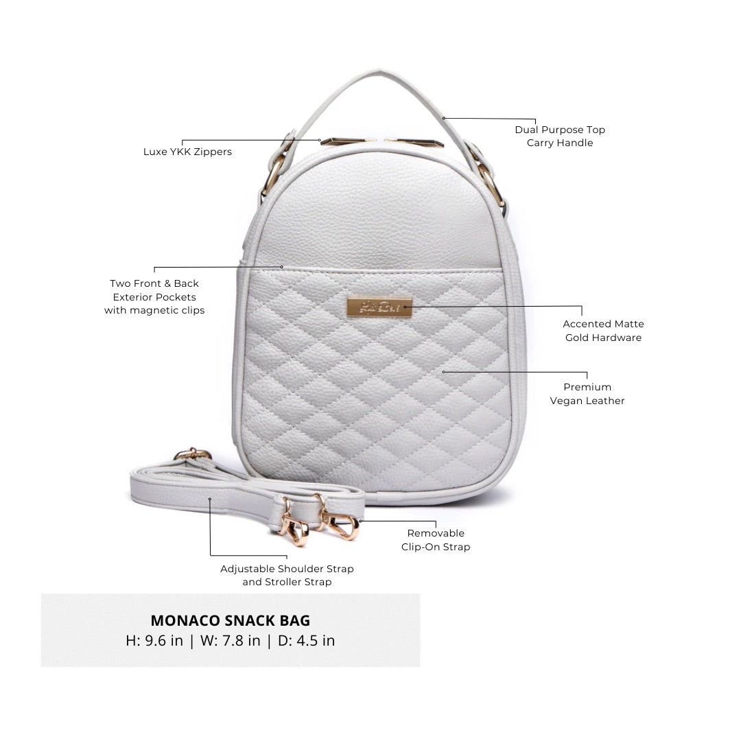 White snack bag with features labeled on a white background