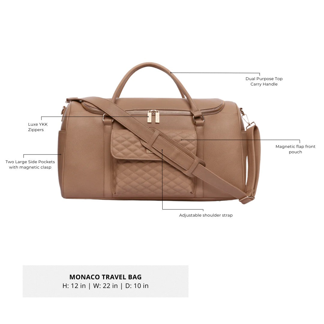 Brown travel bag with features labeled on a white background