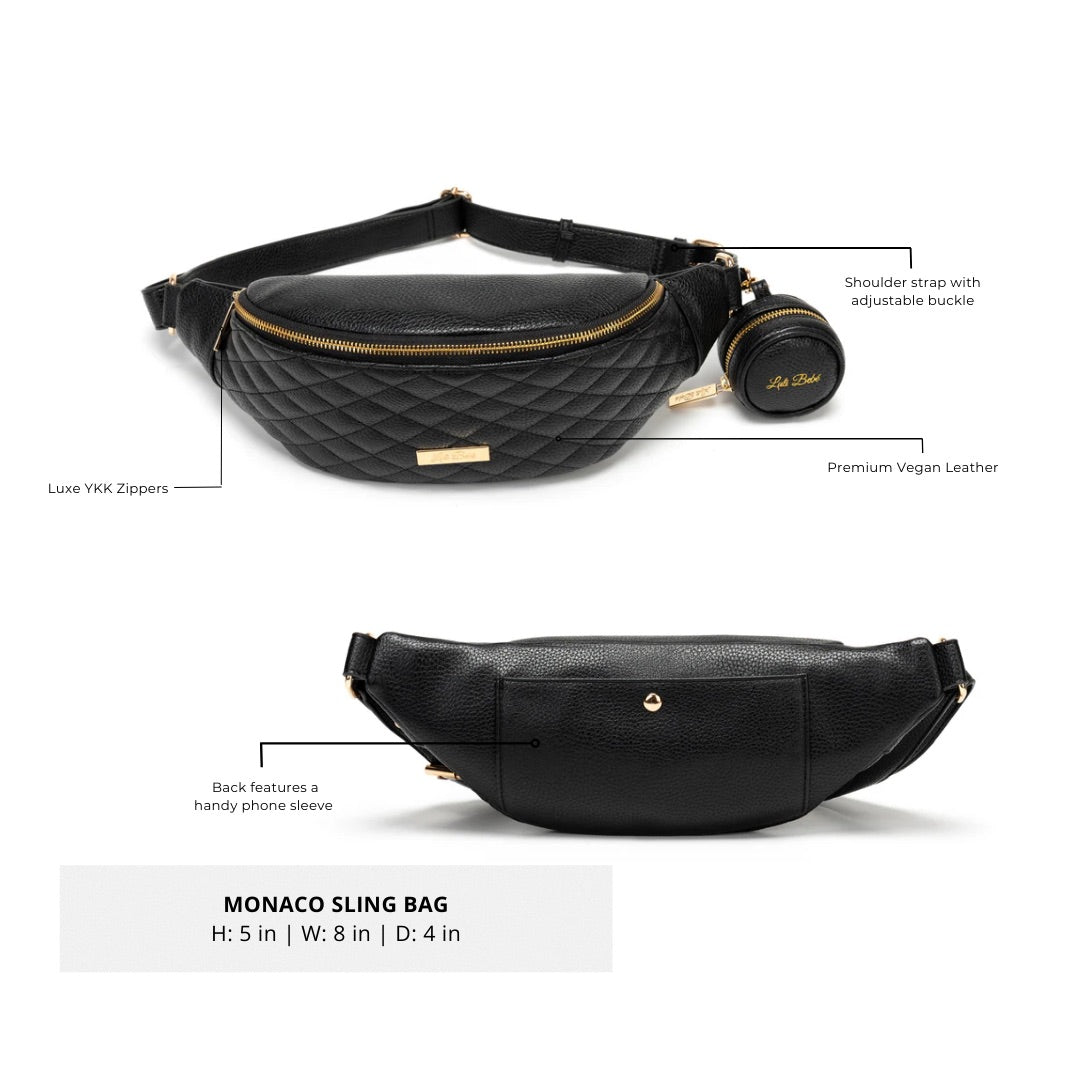 Black quilted sling bag with features highlighted on a white background