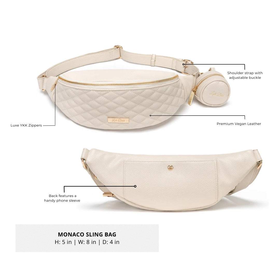 Beige sling bag with features highlighted on a white background