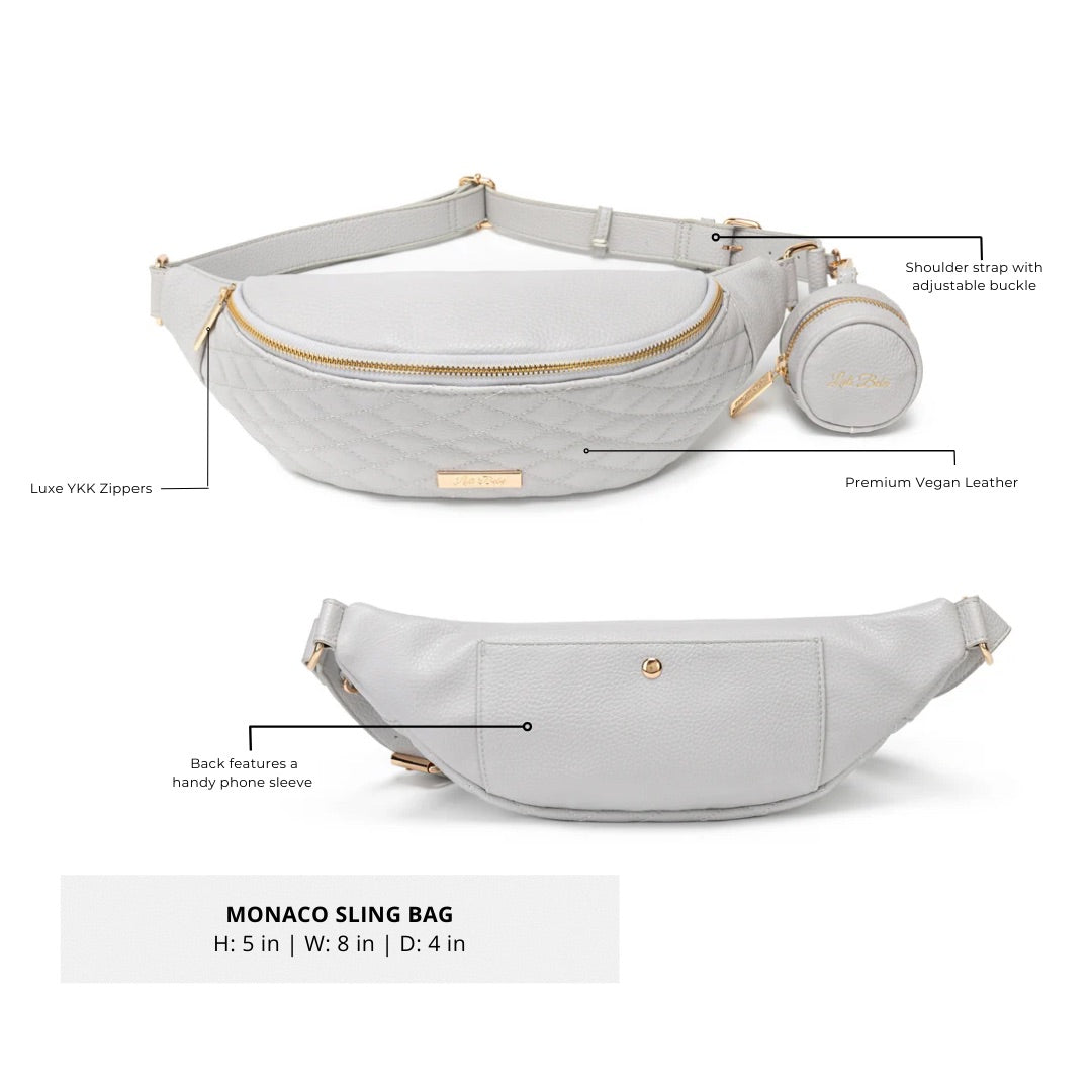 Gray sling bag with features highlighted on a white background