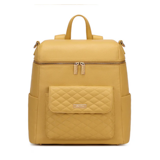 Yellow backpack with a quilted pocket on a white background