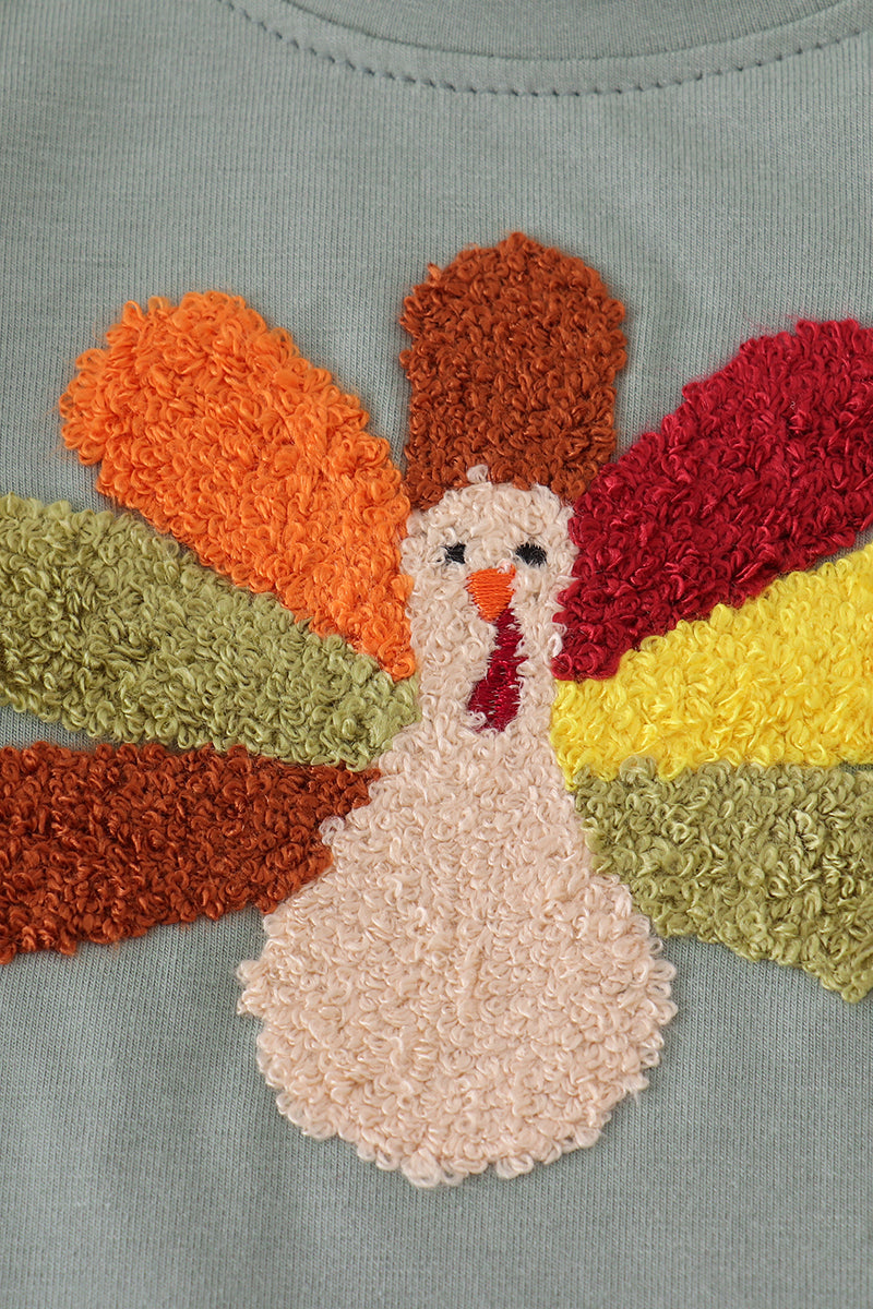 Embroidered turkey patch with colorful feathers on a light blue background