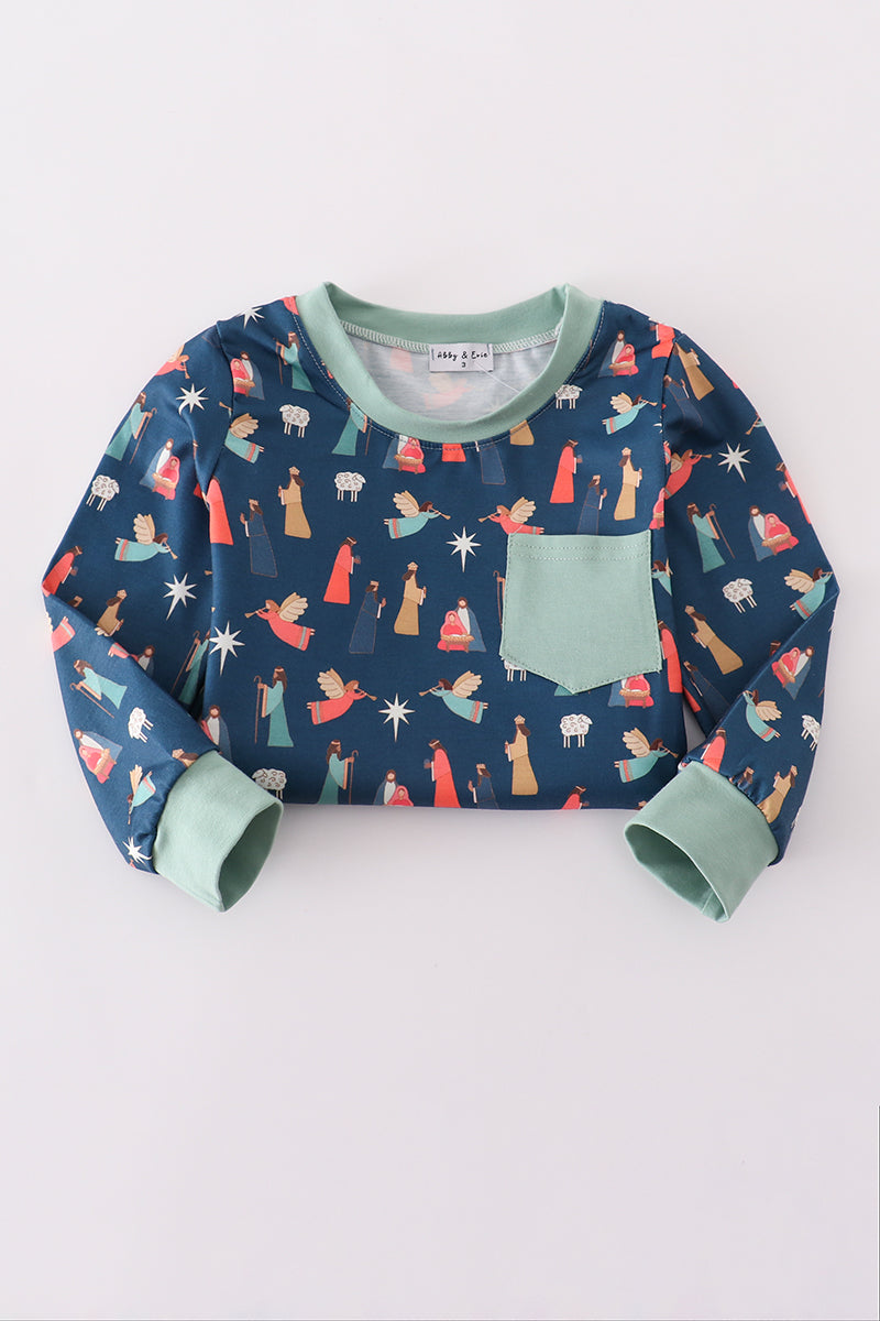 Children's sweatshirt with a pattern of people and stars on a blue background