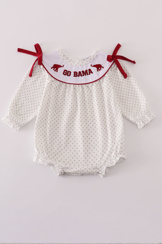 White baby romper with red accents and 'GO BAMA' text on a light gray background