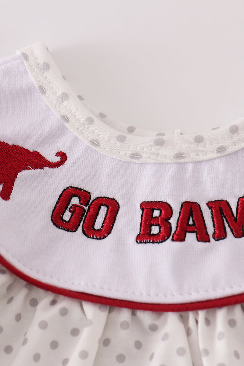 White dress with red polka dots and 'GO BAWL' text on a white background