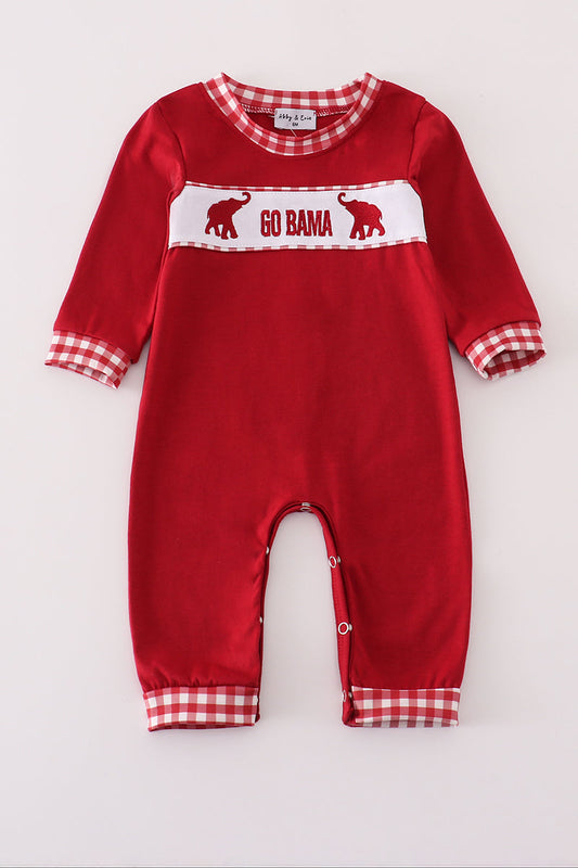 Red baby romper with checkered trim and 'GO BAMA' text on a white background