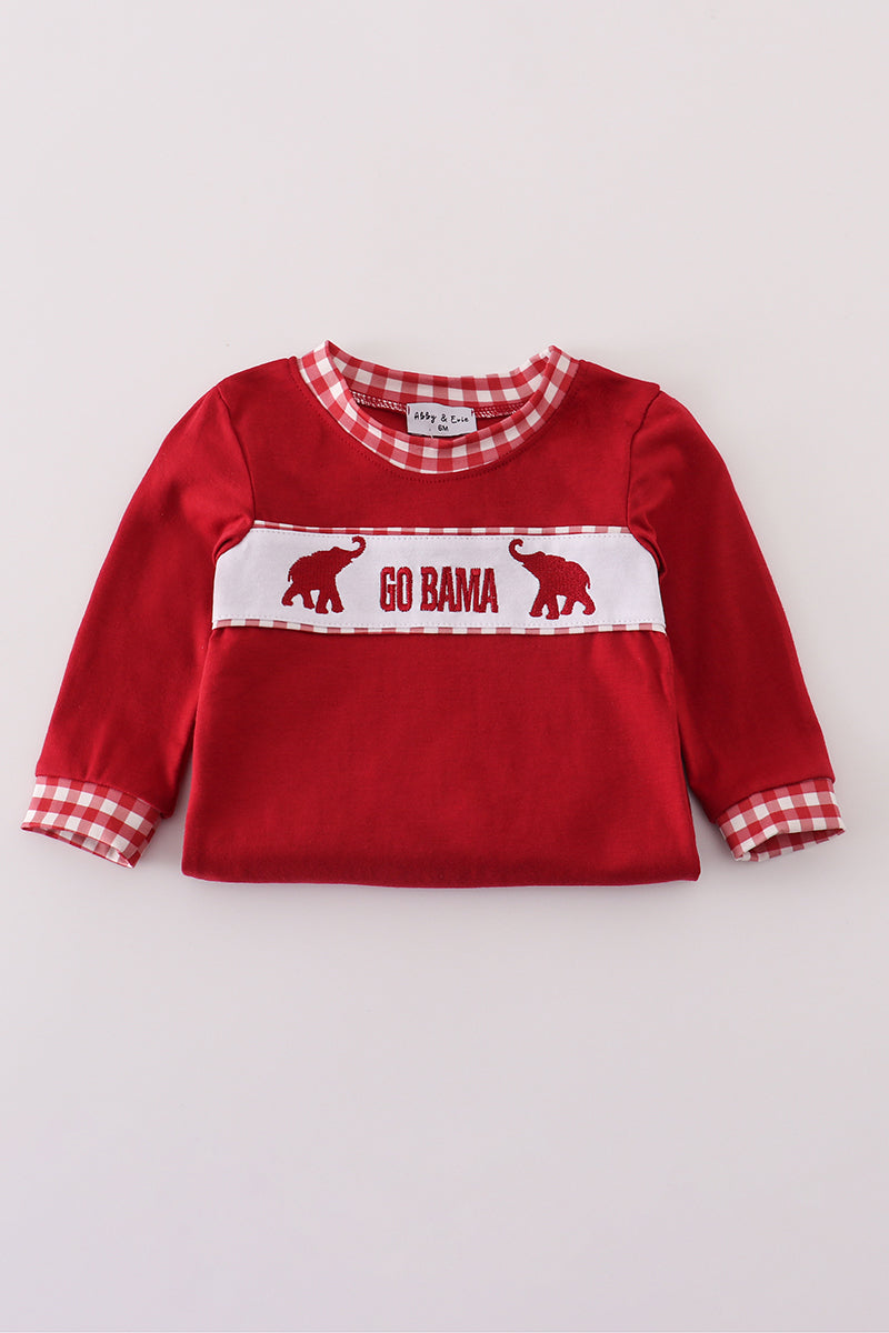 Red children's sweatshirt with checkered collar and sleeve ends on a light gray background