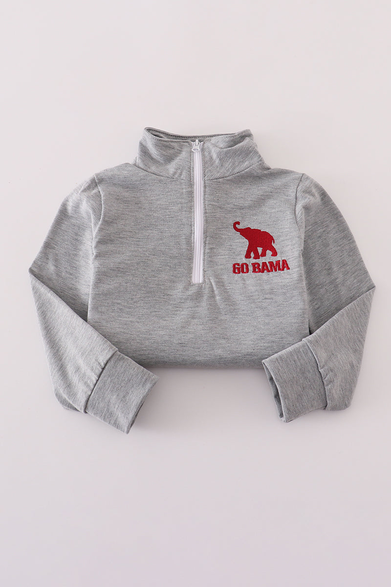 Gray pullover with red elephant logo and 'GO BAMA' text on a light gray background