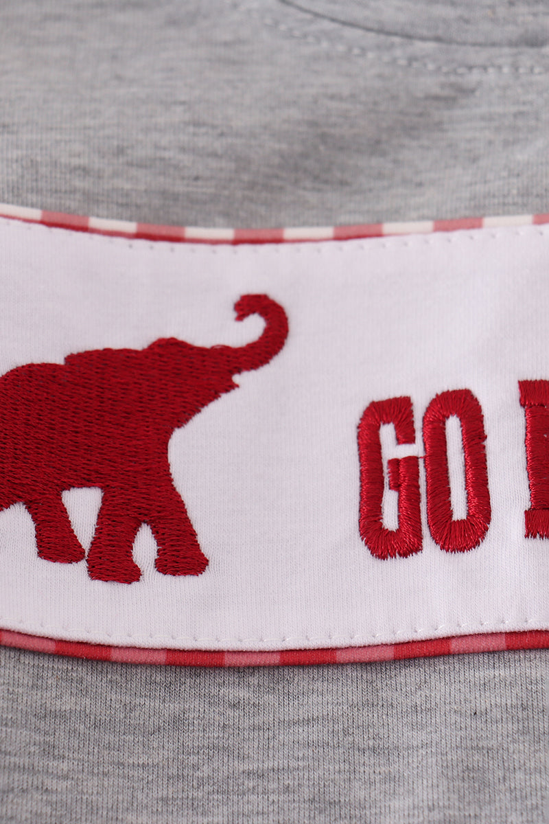 Gray sweatshirt with red elephant and 'GO' text on a white label