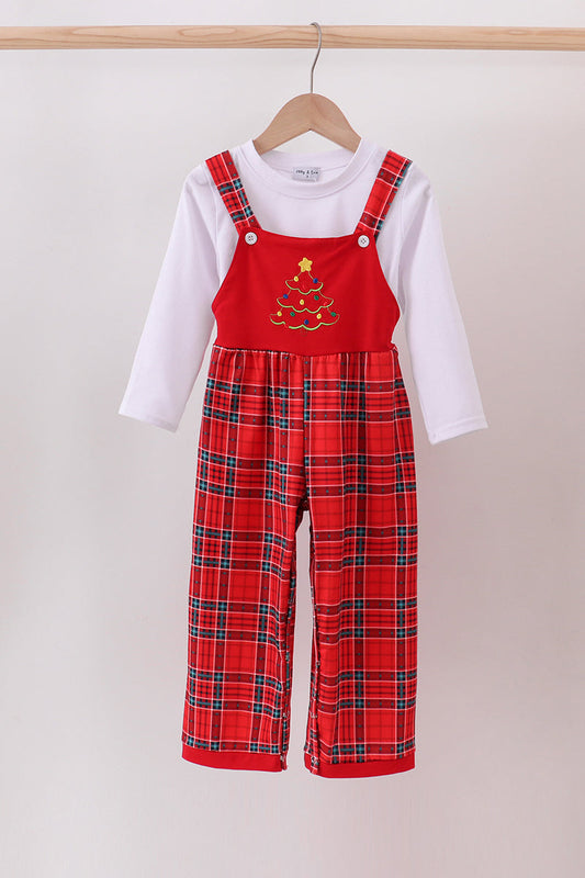 Red plaid overalls with a white shirt underneath on a beige background