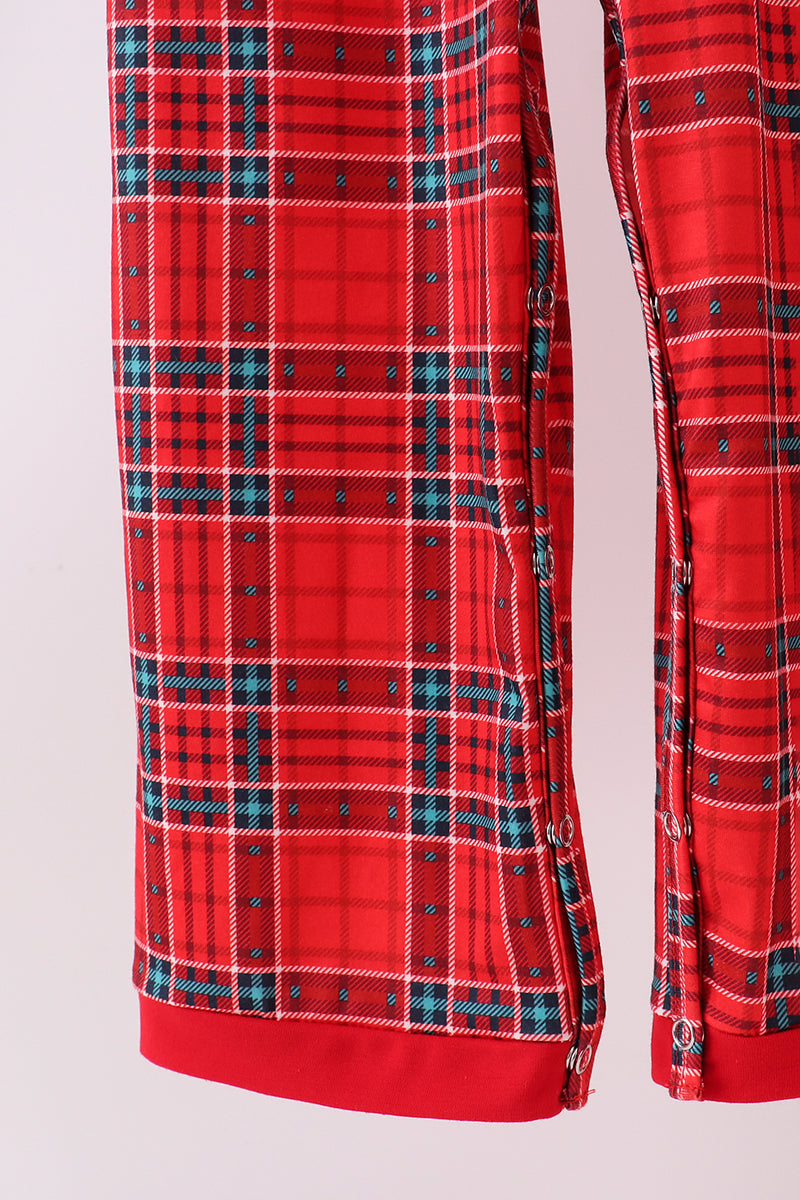 Red plaid pants on a light gray background
