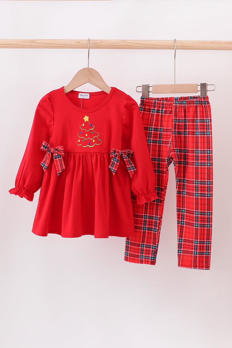 Red children's outfit with plaid accents on a white background