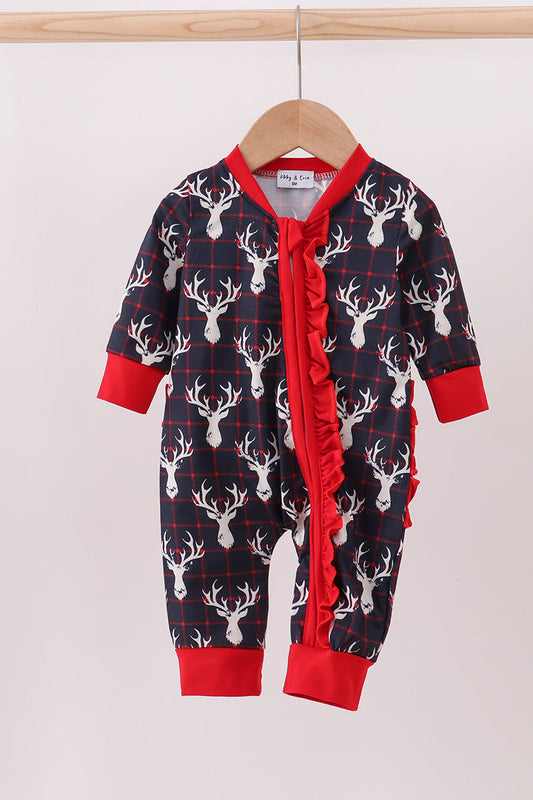 Children's onesie with deer pattern and red accents on a hanger against a white background