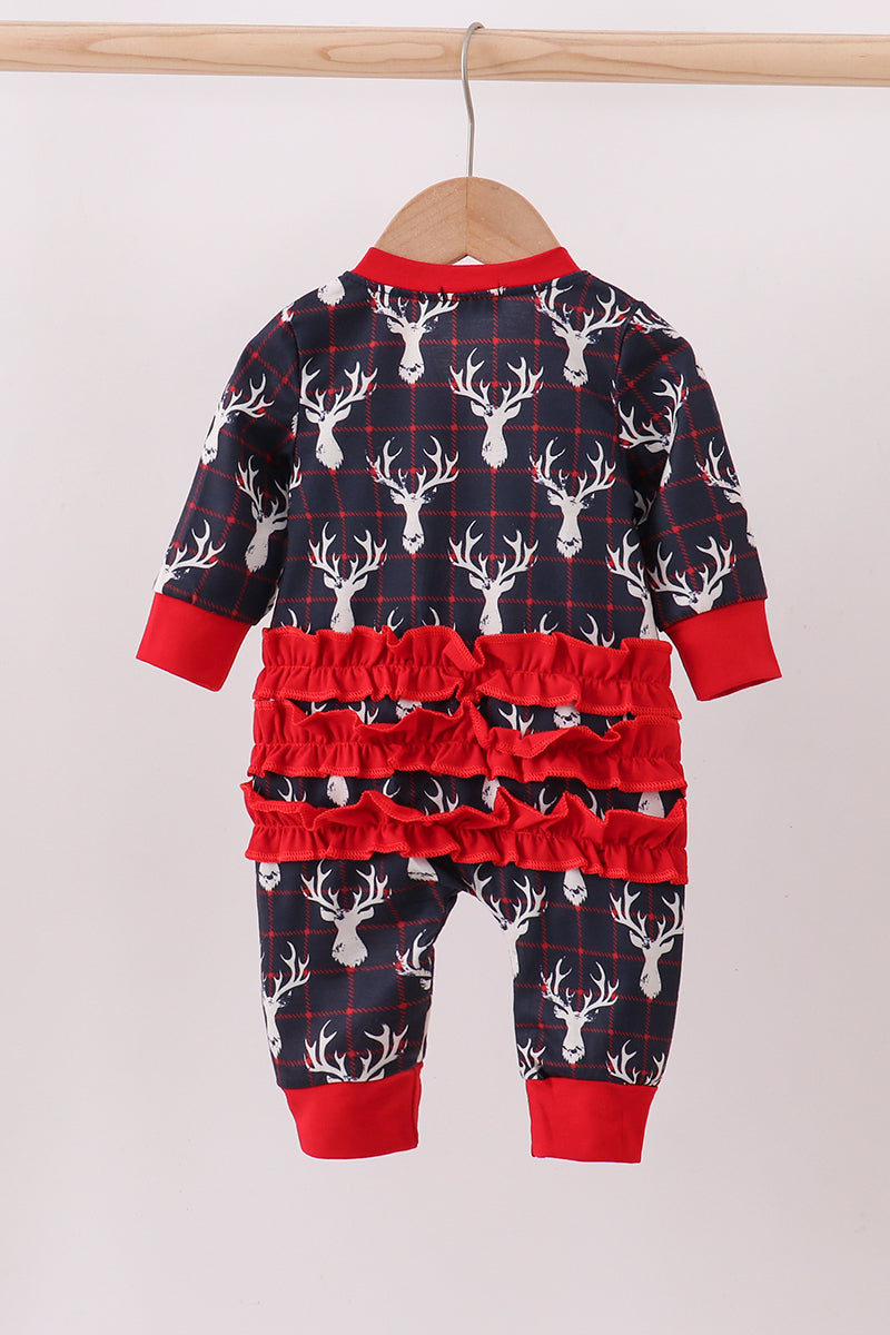 Children's outfit with deer pattern and ruffled design on a hanger against a white background