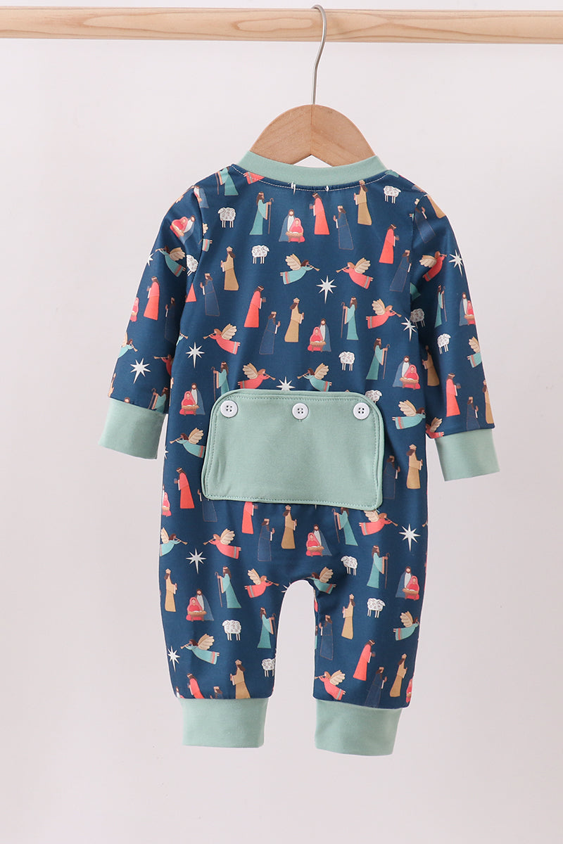Baby onesie with colorful print on a hanger against a white background