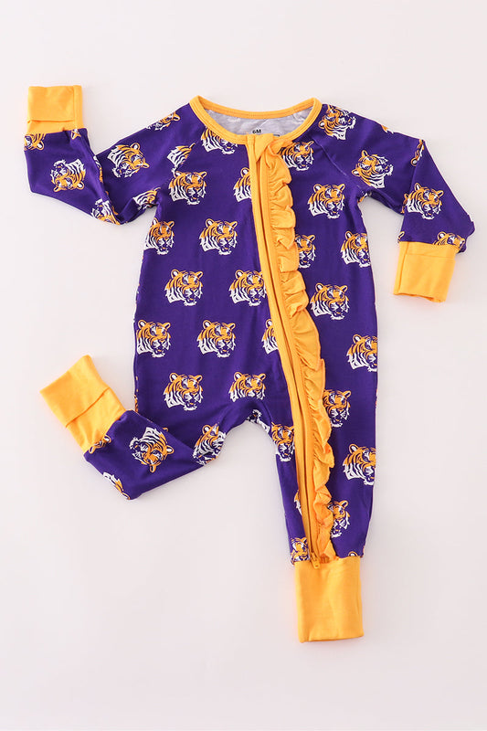 Purple baby onesie with tiger pattern and yellow accents on a white background