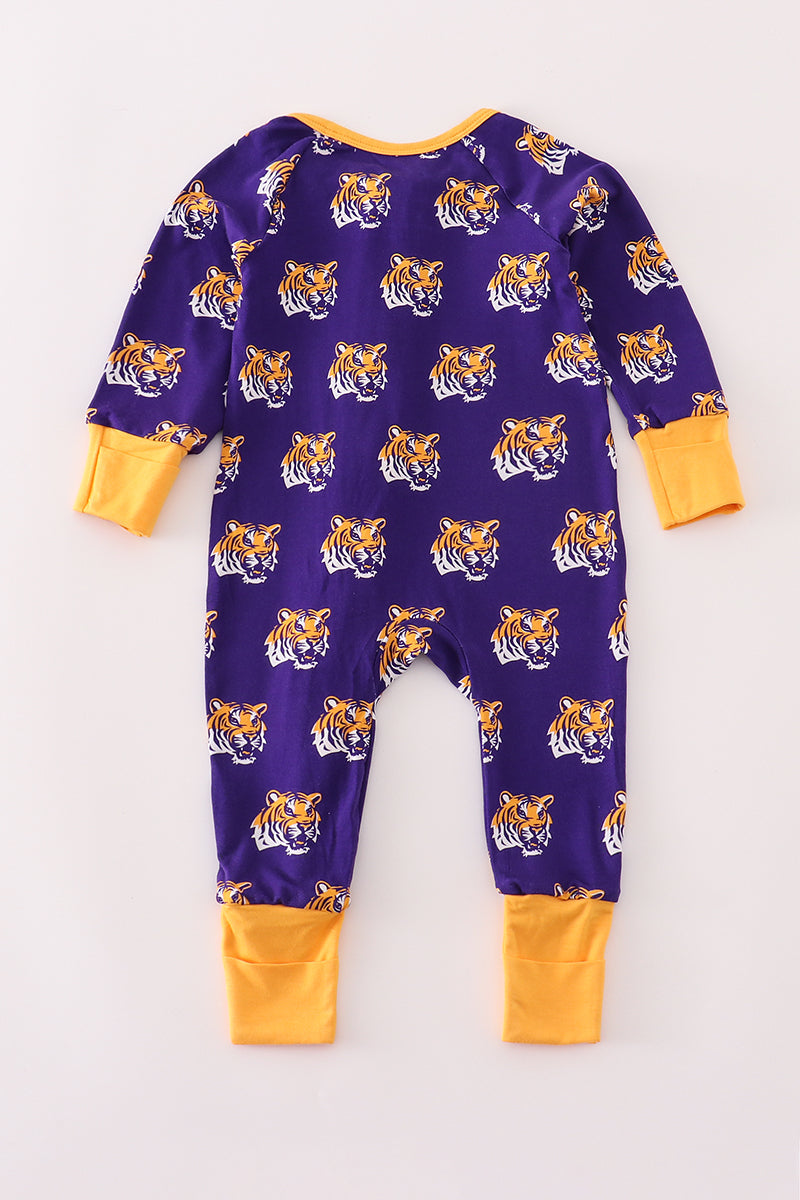 Purple baby onesie with tiger pattern on a white background
