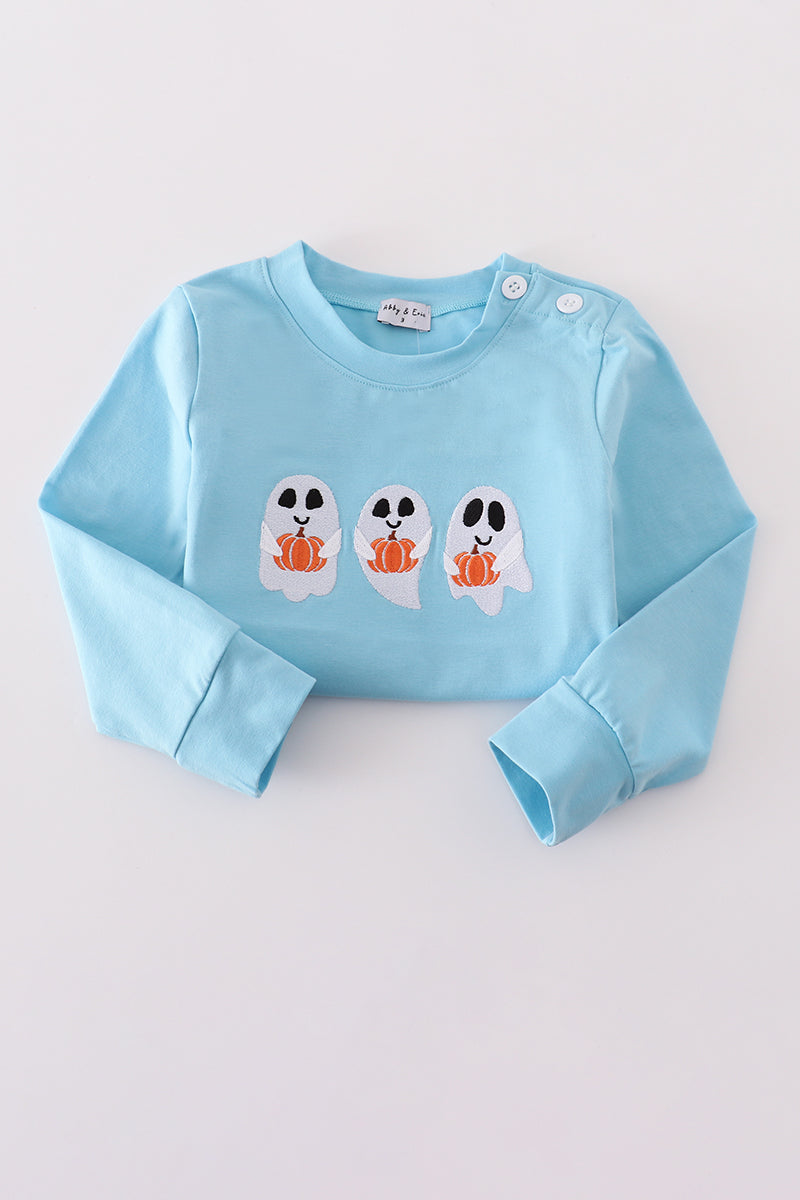 Light blue sweatshirt with ghost designs on a light gray background