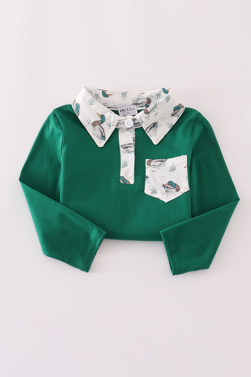 Green shirt with patterned collar and pocket on a white background