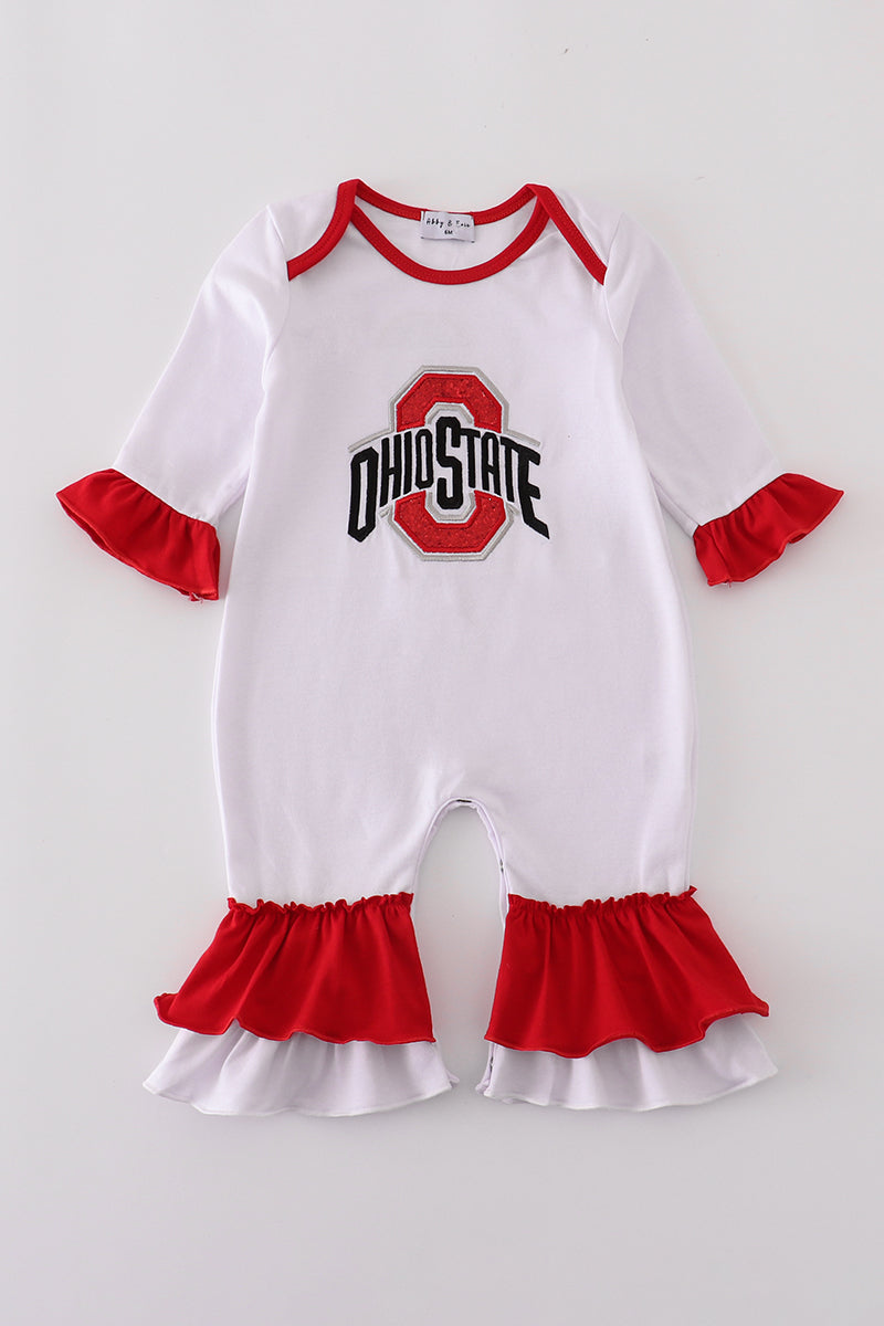 White baby romper with red ruffles and Ohio State logo on a white background