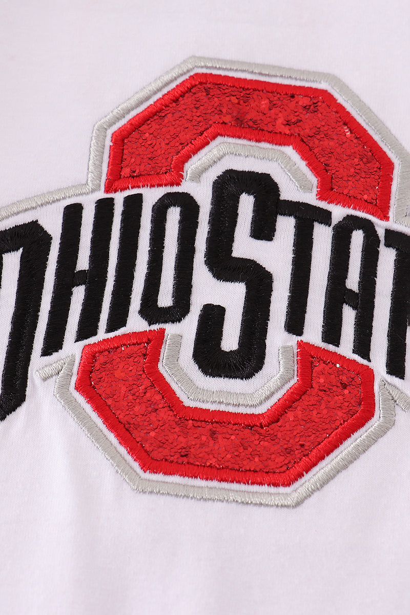 Embroidered 'Ohio State' logo with red and black colors on a white background
