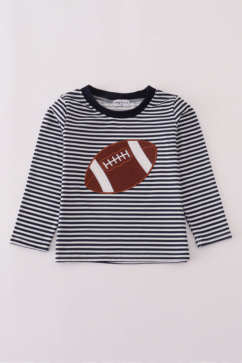 Striped long-sleeve shirt with a football graphic on a white background