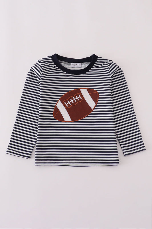 Striped long-sleeve shirt with a football graphic on a white background