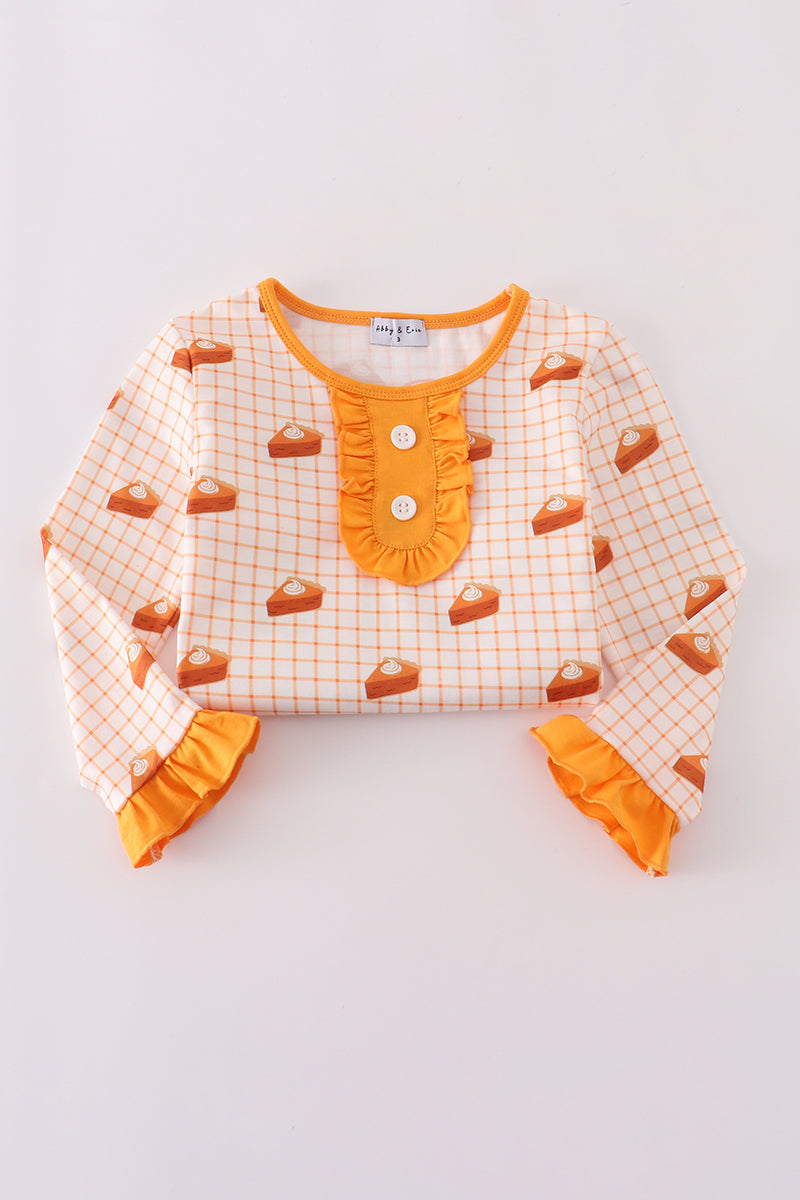Children's long-sleeve shirt with checkered pattern and orange accents on a light gray background