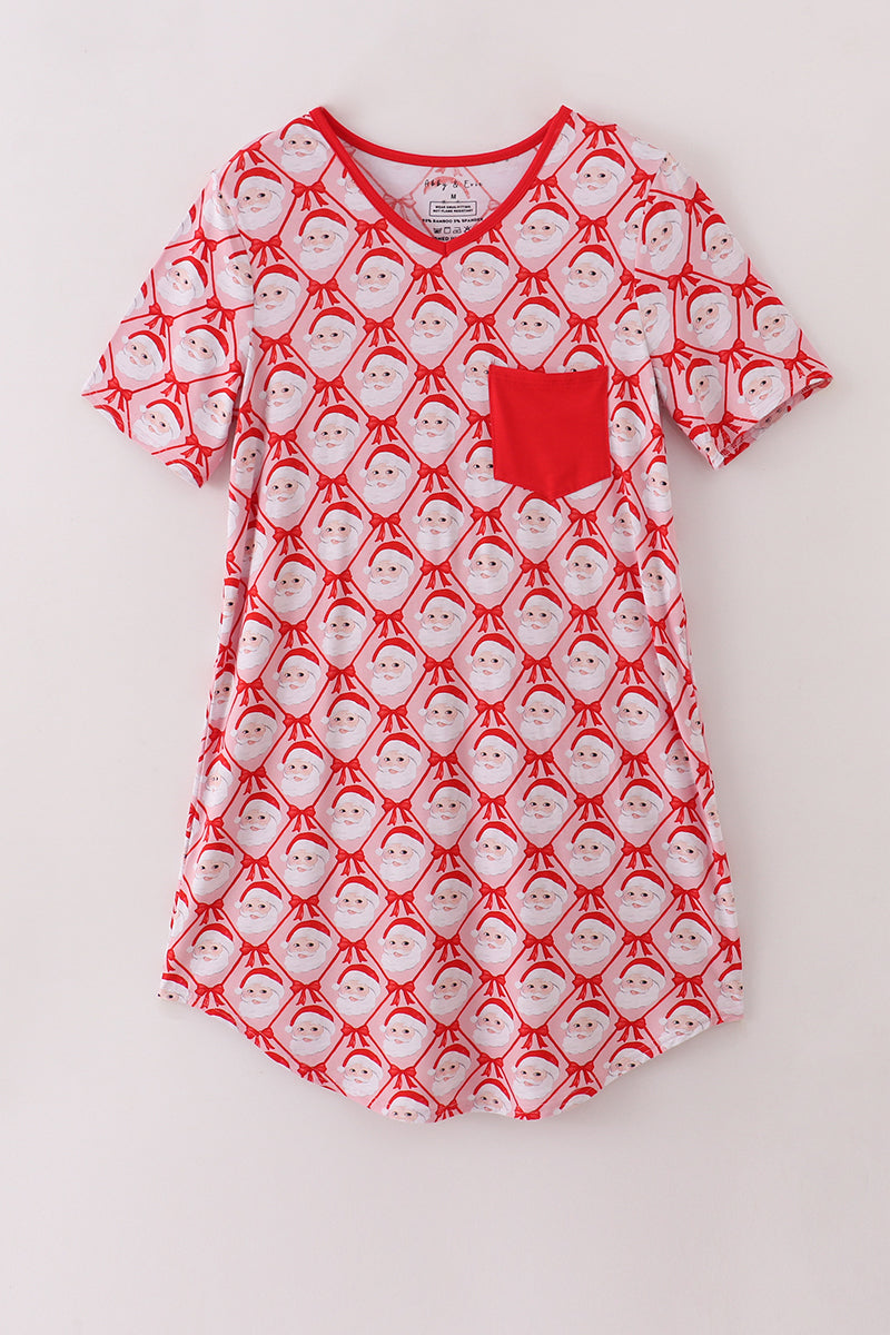 Red and white patterned nightgown with a pocket on a light gray background