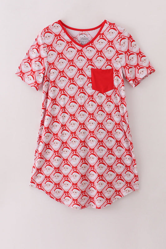 Red and white patterned nightgown with a pocket on a light gray background