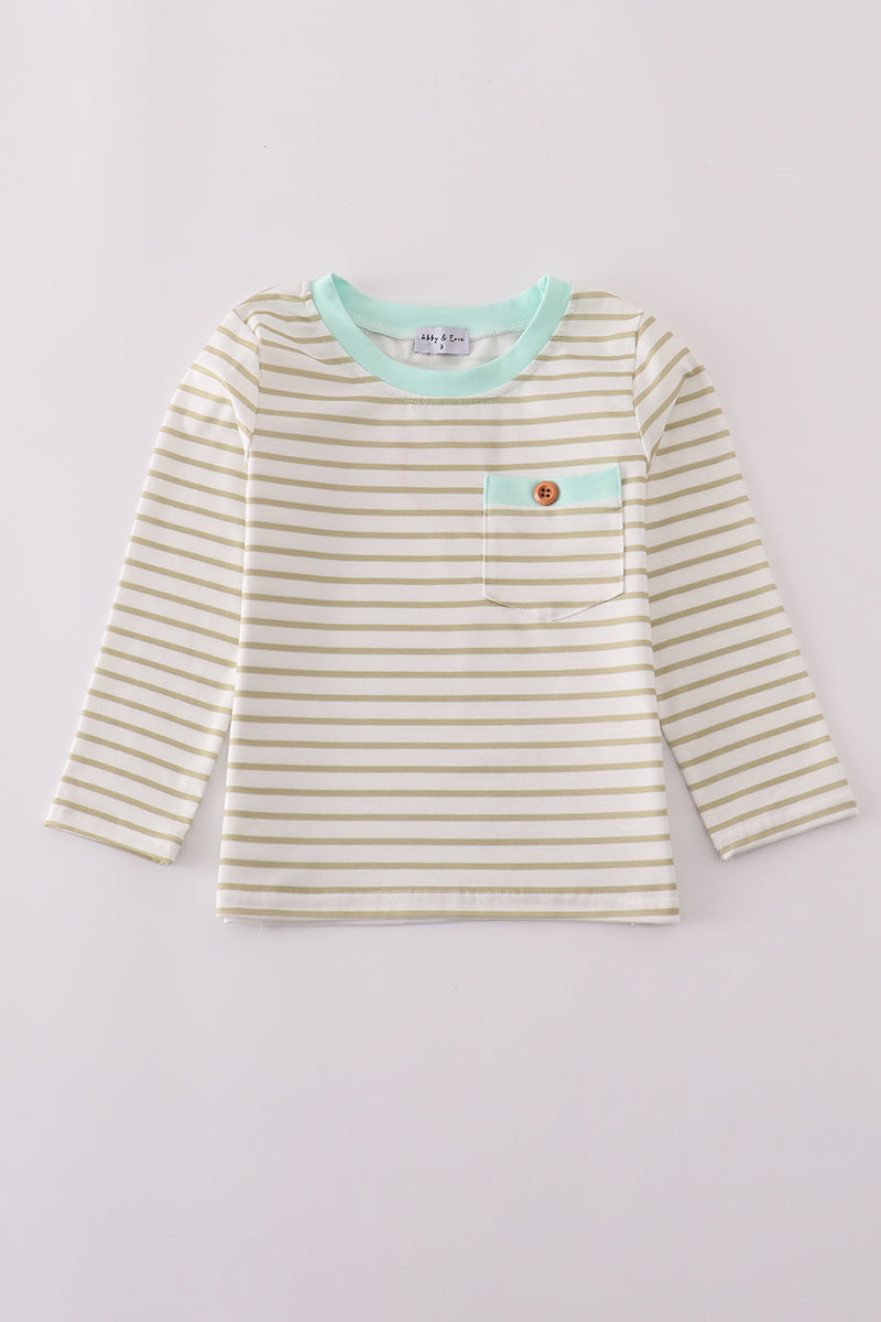 Striped long-sleeve shirt with a small design on a light gray background