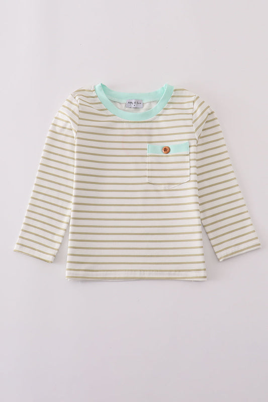Striped long-sleeve shirt with a small design on a light gray background