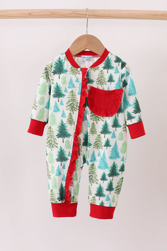 Baby onesie with Christmas tree pattern and red accents on a hanger against a white background