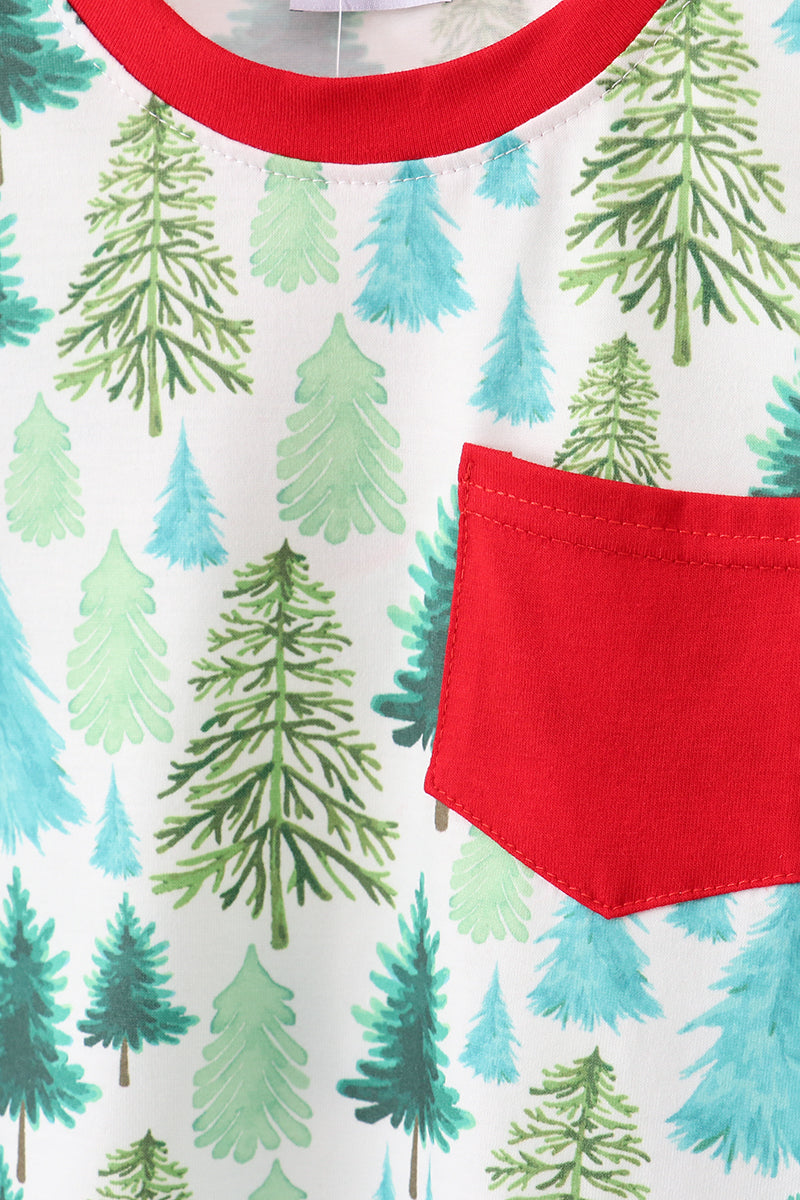 Children's outfit with Christmas tree pattern and red pocket on a white background